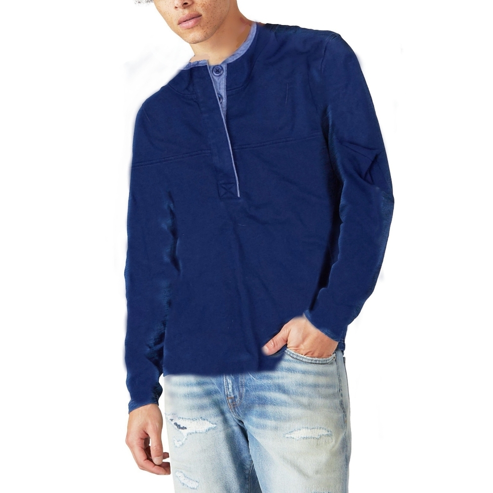 L.L.Bean Mens L Navy Blue 4 Button Denim Placket Long Sleeve Shirt
